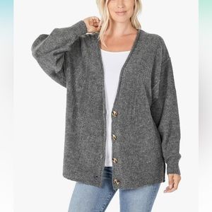 Zenana Melange V Neck Button Cardigan size Large Gray